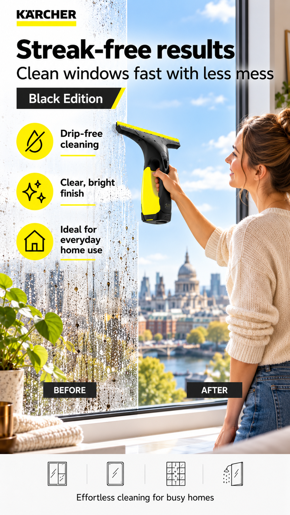 Streak-free results — clean windows fast with less mess, before and after