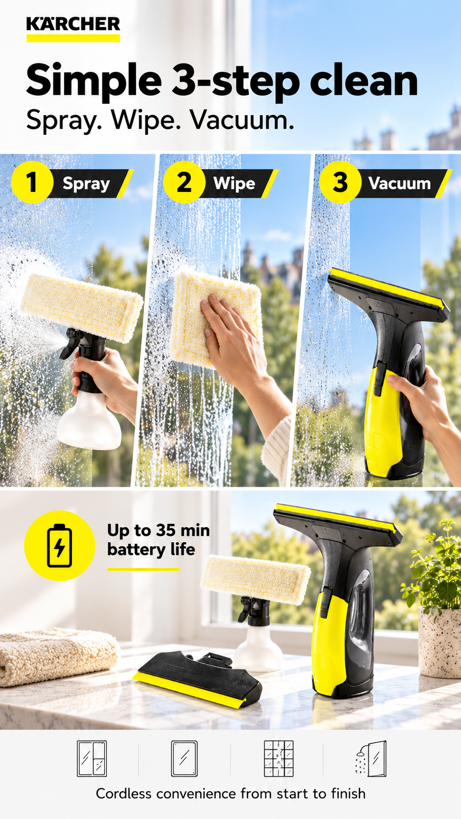 Simple 3-step clean — spray, wipe and vacuum